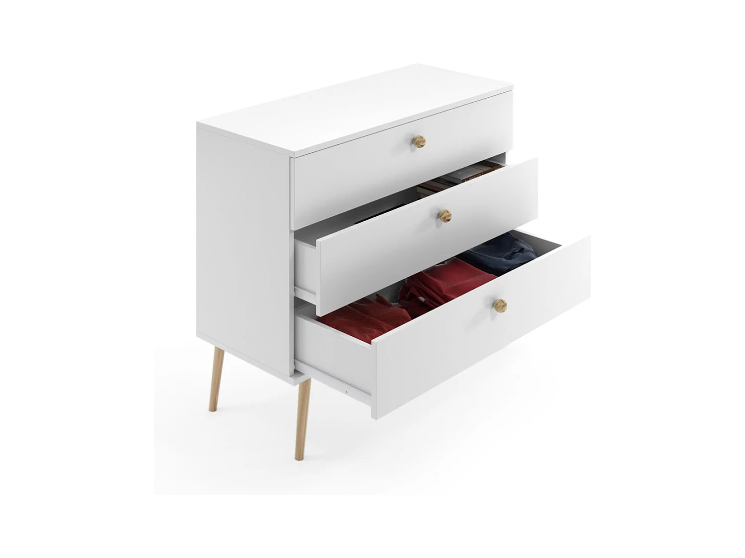 Cómoda Blanca  – Estilo Escandinavo – 100x85x41 cm – Con Patas Altas y 3 Cajones