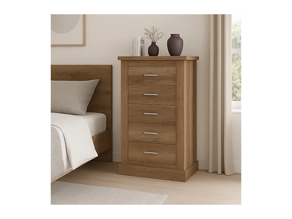 Cómoda, Sinfonier 5 Cajones, Acabado en Color Cañón, Medidas: 66 cm (Ancho) x 107 cm (Alto) x 39,6 cm de (Fondo)