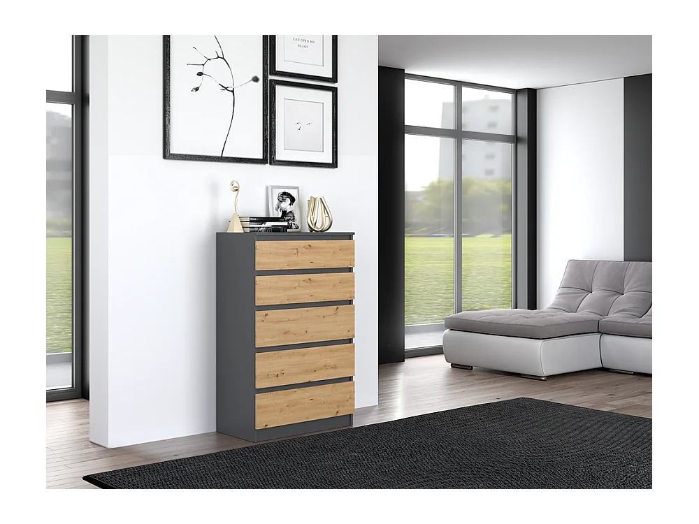 Cómoda de Dormitorio Moderna 70x109,5x40 cm – 5 Cajones con Guías Suaves – Color Roble Artesano/Antracita