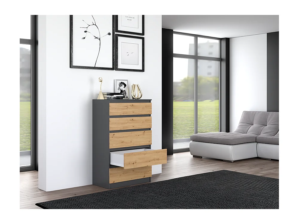 Cómoda de Dormitorio Moderna 70x109,5x40 cm – 5 Cajones con Guías Suaves – Color Roble Artesano/Antracita