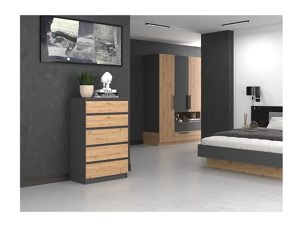 Cómoda de Dormitorio Moderna 70x109,5x40 cm – 5 Cajones con Guías Suaves – Color Roble Artesano/Antracita
