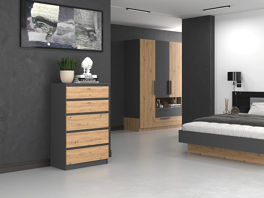 Cómoda de Dormitorio Moderna 70x109,5x40 cm – 5 Cajones con Guías Suaves – Color Roble Artesano/Antracita