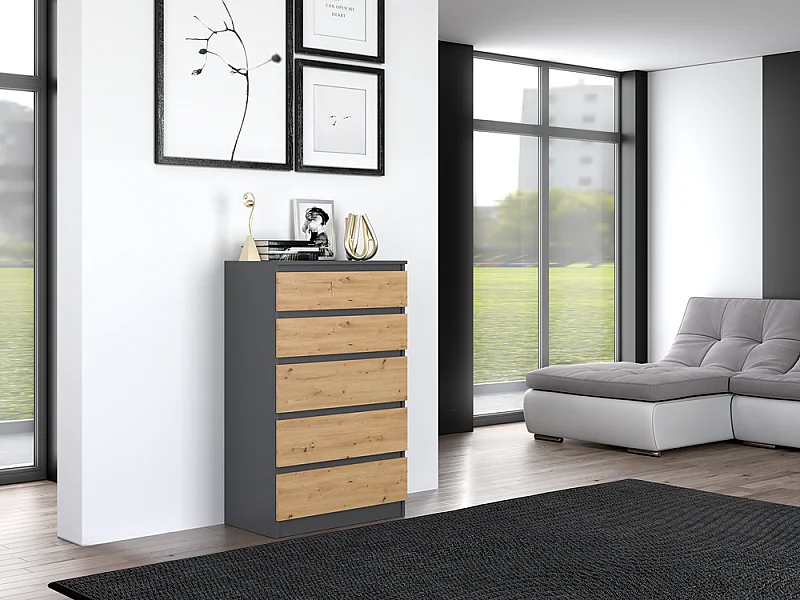 Cómoda de Dormitorio Moderna 70x109,5x40 cm – 5 Cajones con Guías Suaves – Color Roble Artesano/Antracita