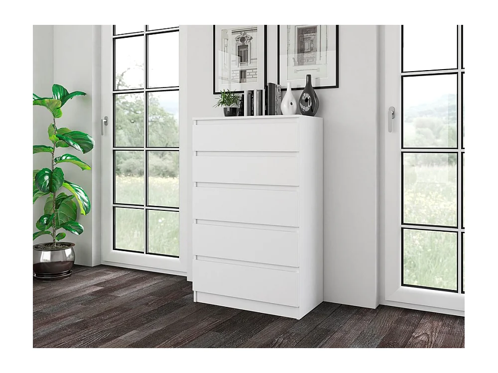 Cómoda de Dormitorio Moderna 70x109,5x40 cm – 5 Cajones con Guías Suaves – Color Blanco