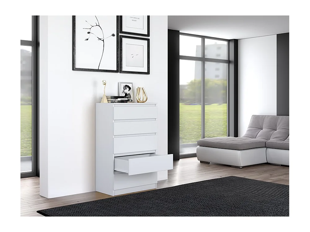 Cómoda de Dormitorio Moderna 70x109,5x40 cm – 5 Cajones con Guías Suaves – Color Blanco