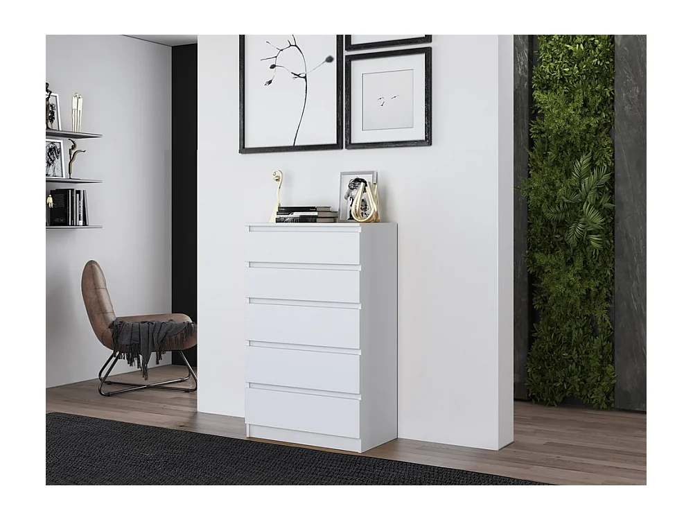 Cómoda de Dormitorio Moderna 70x109,5x40 cm – 5 Cajones con Guías Suaves – Color Blanco