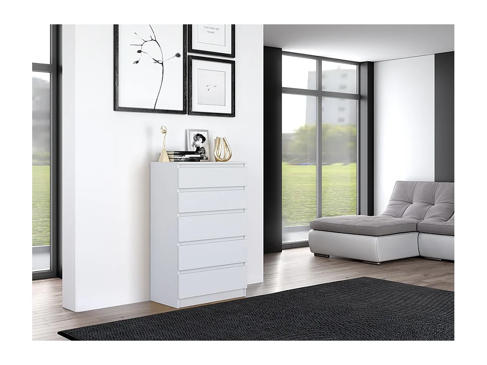 Cómoda de Dormitorio Moderna 70x109,5x40 cm – 5 Cajones con Guías Suaves – Color Blanco