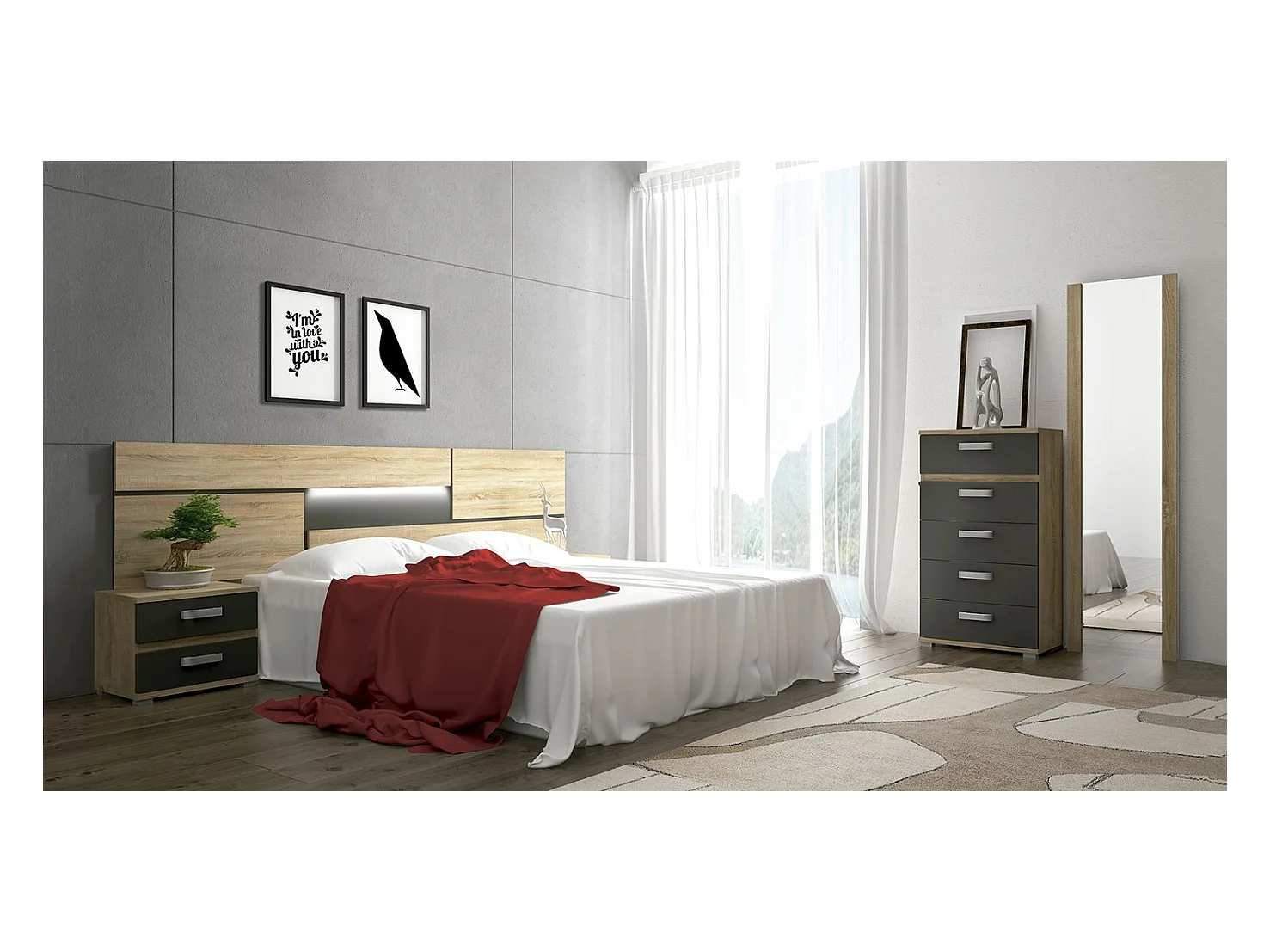 Sinfonier 5 Cajones, Cómoda, Almacenaje Dormitorio, Color Cambria y Grafito, Medidas: 60 cm (Largo) x 109,4 cm (Alto) x 39,6 cm de (Fondo) – Meyvaser