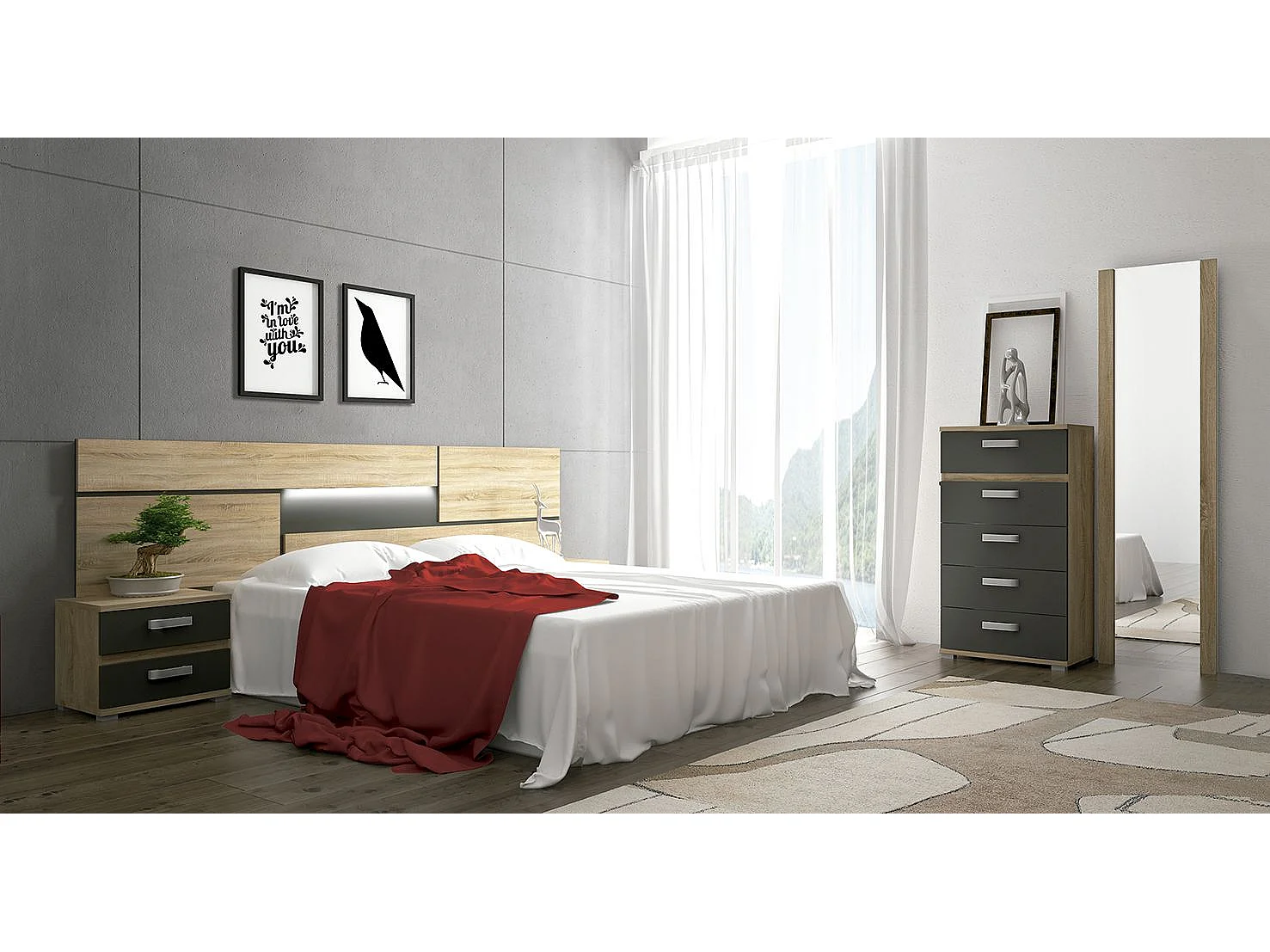 Sinfonier 5 Cajones, Cómoda, Almacenaje Dormitorio, Color Cambria y Grafito, Medidas: 60 cm (Largo) x 109,4 cm (Alto) x 39,6 cm de (Fondo) – Meyvaser