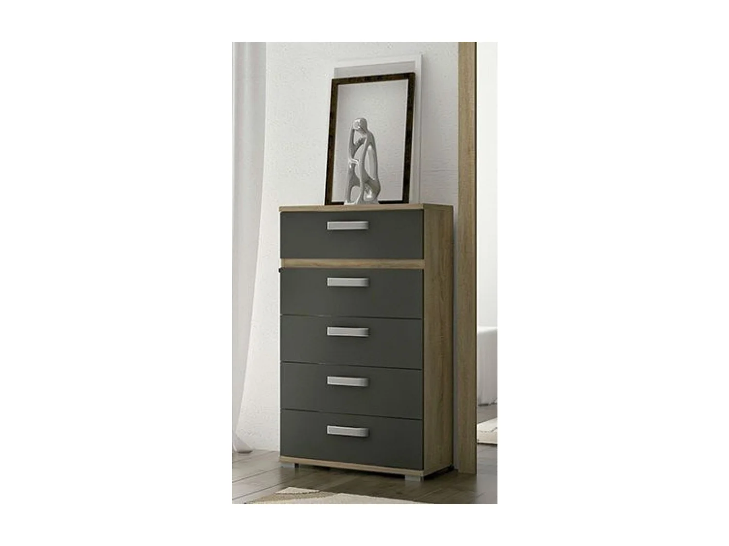 Sinfonier 5 Cajones, Cómoda, Almacenaje Dormitorio, Color Cambria y Grafito, Medidas: 60 cm (Largo) x 109,4 cm (Alto) x 39,6 cm de (Fondo) – Meyvaser