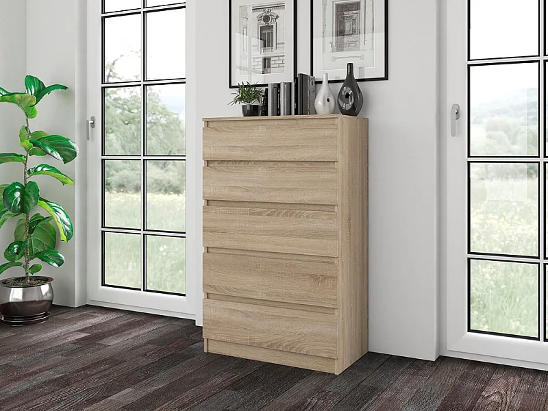 Cómoda de Dormitorio Moderna 70x109,5x40 cm – 5 Cajones con Guías Suaves – Color Roble Sonoma