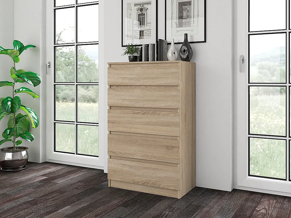 Cómoda de Dormitorio Moderna 70x109,5x40 cm – 5 Cajones con Guías Suaves – Color Roble Sonoma