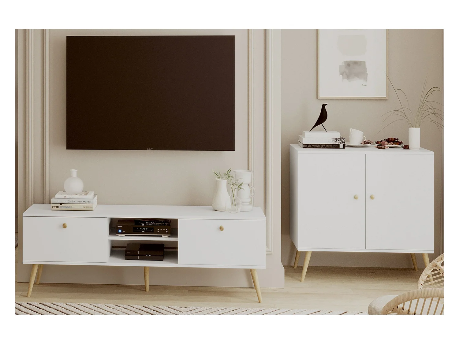 Cómoda Escandinava Blanca de 2 Puertas – 100x85x42 cm – Con Patas Altas de Madera