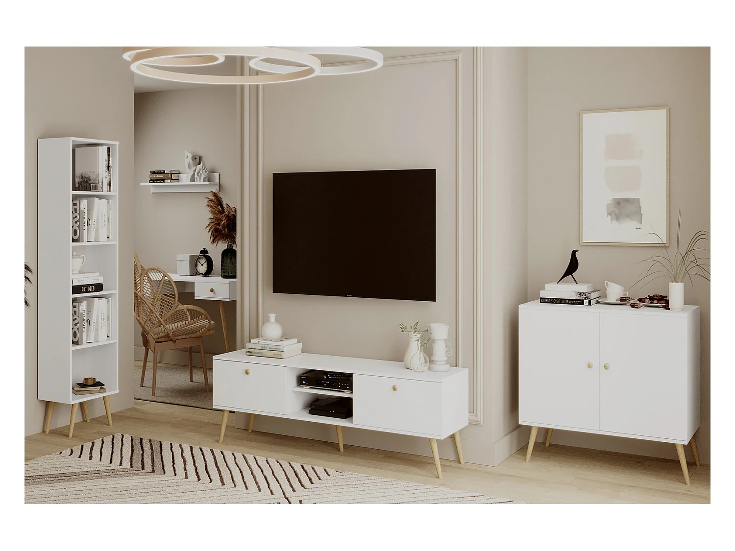 Cómoda Escandinava Blanca de 2 Puertas – 100x85x42 cm – Con Patas Altas de Madera