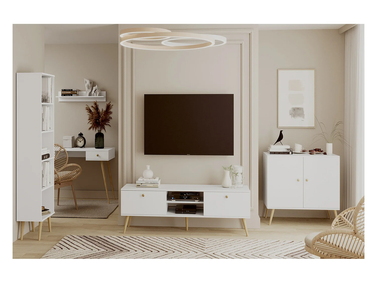 Cómoda Escandinava Blanca de 2 Puertas – 100x85x42 cm – Con Patas Altas de Madera