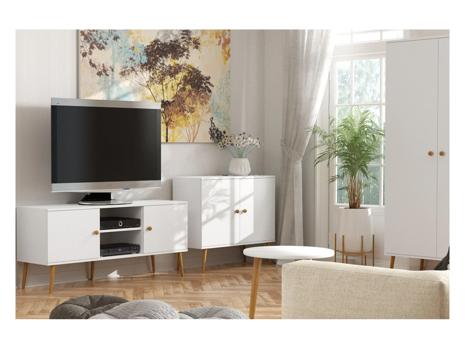 Cómoda Escandinava Blanca de 2 Puertas – 100x85x42 cm – Con Patas Altas de Madera