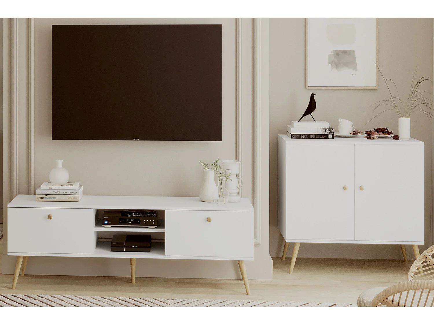 Cómoda Escandinava Blanca de 2 Puertas – 100x85x42 cm – Con Patas Altas de Madera