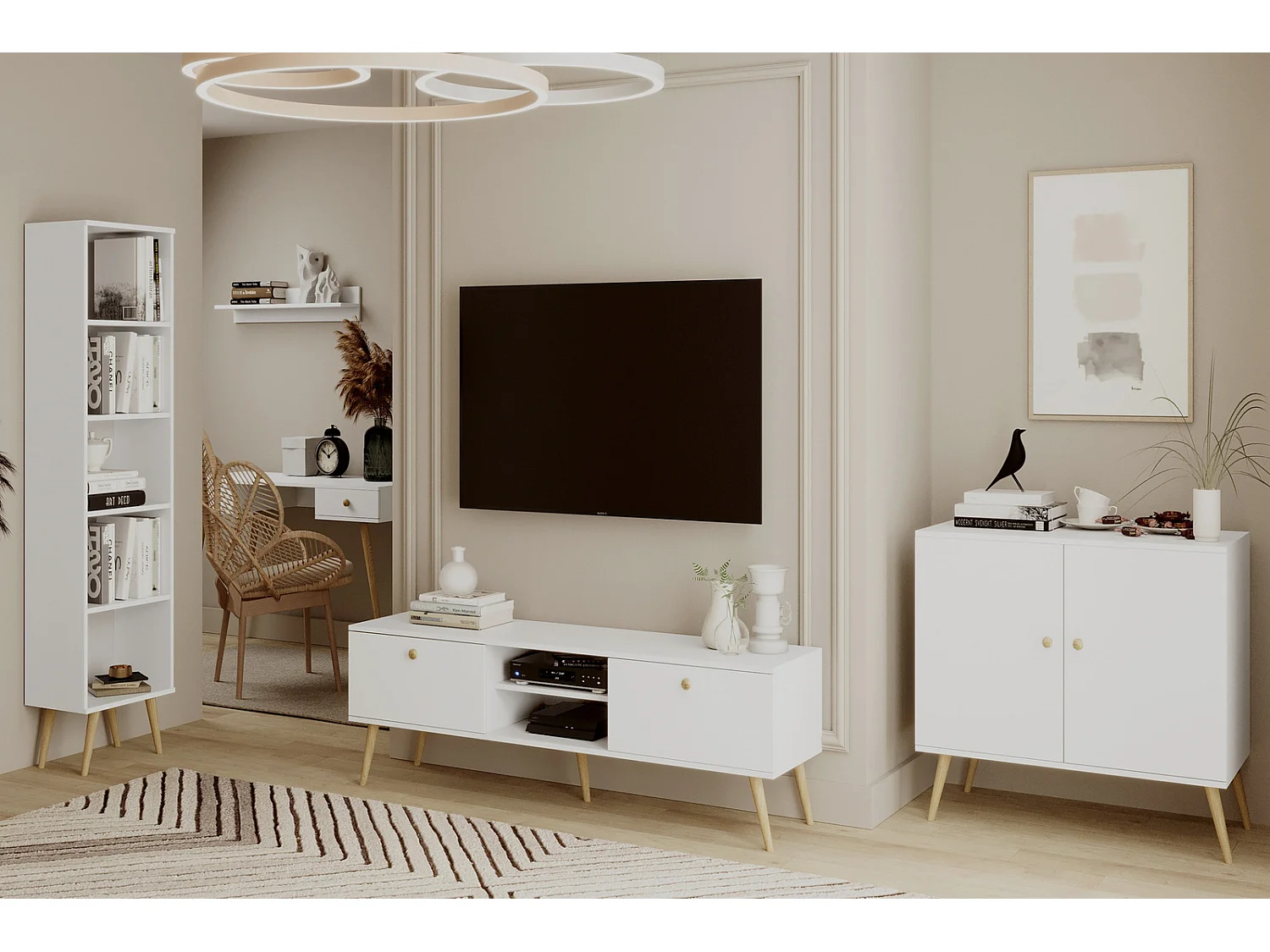 Cómoda Escandinava Blanca de 2 Puertas – 100x85x42 cm – Con Patas Altas de Madera