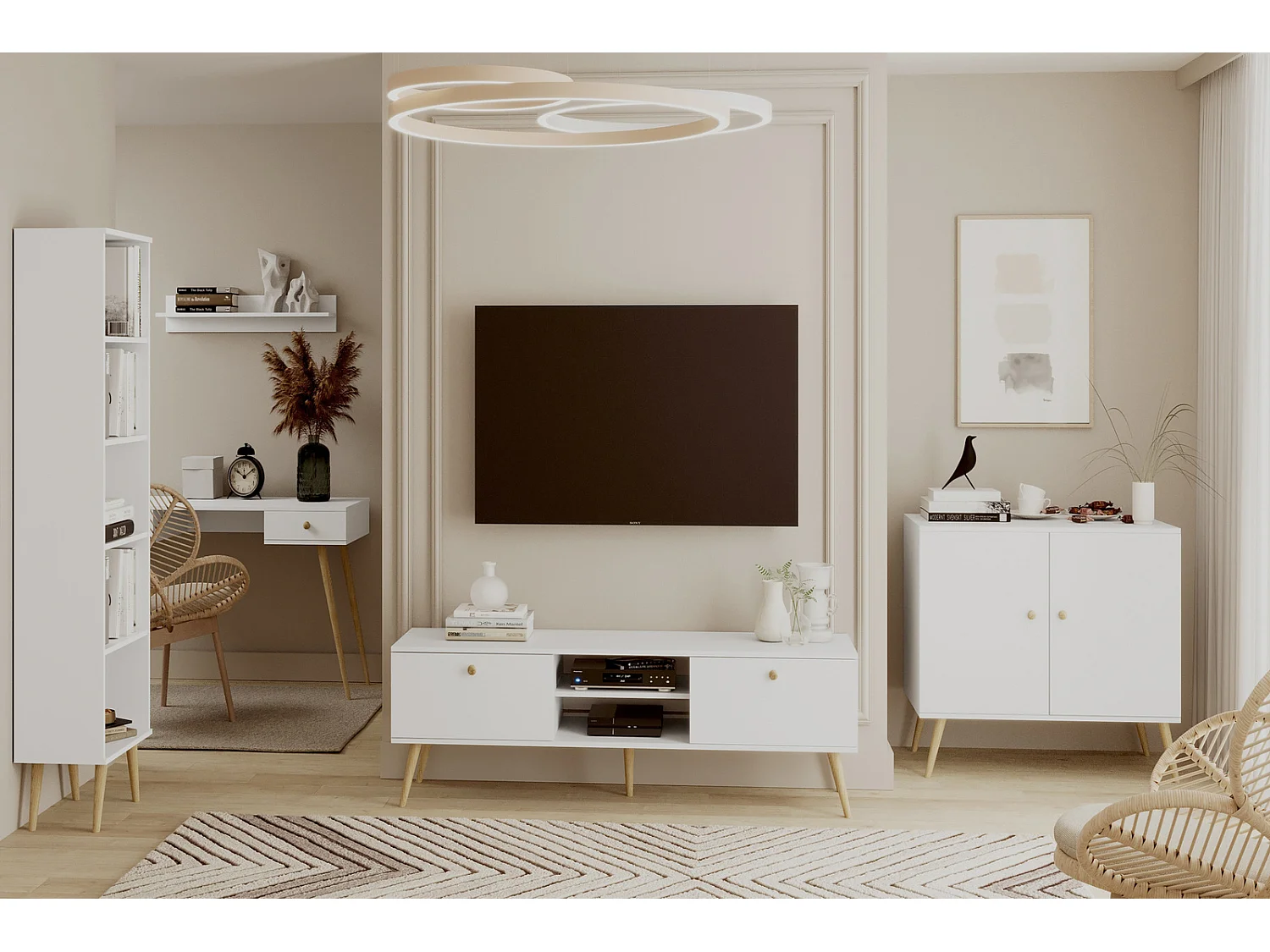 Cómoda Escandinava Blanca de 2 Puertas – 100x85x42 cm – Con Patas Altas de Madera