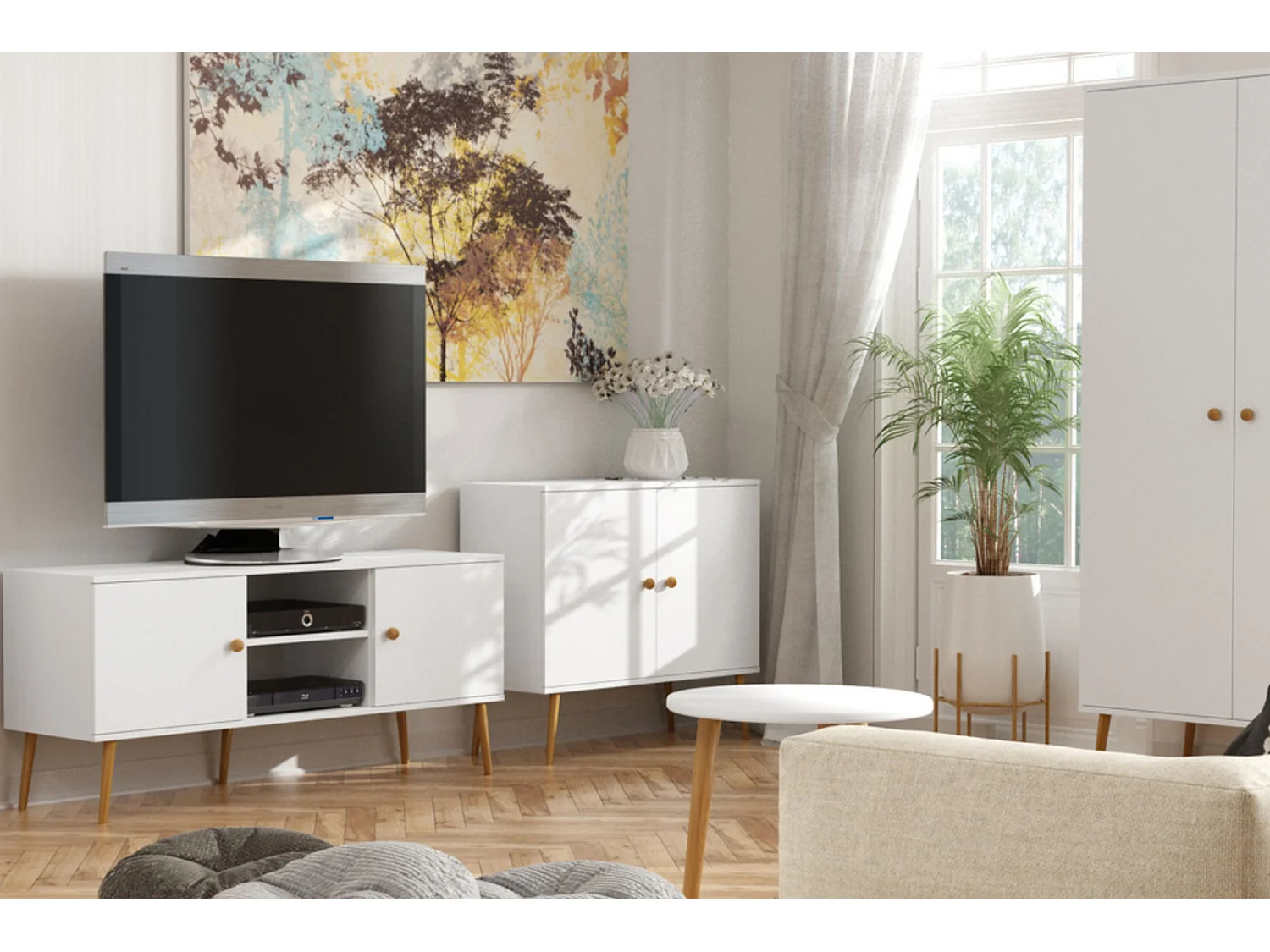 Cómoda Escandinava Blanca de 2 Puertas – 100x85x42 cm – Con Patas Altas de Madera