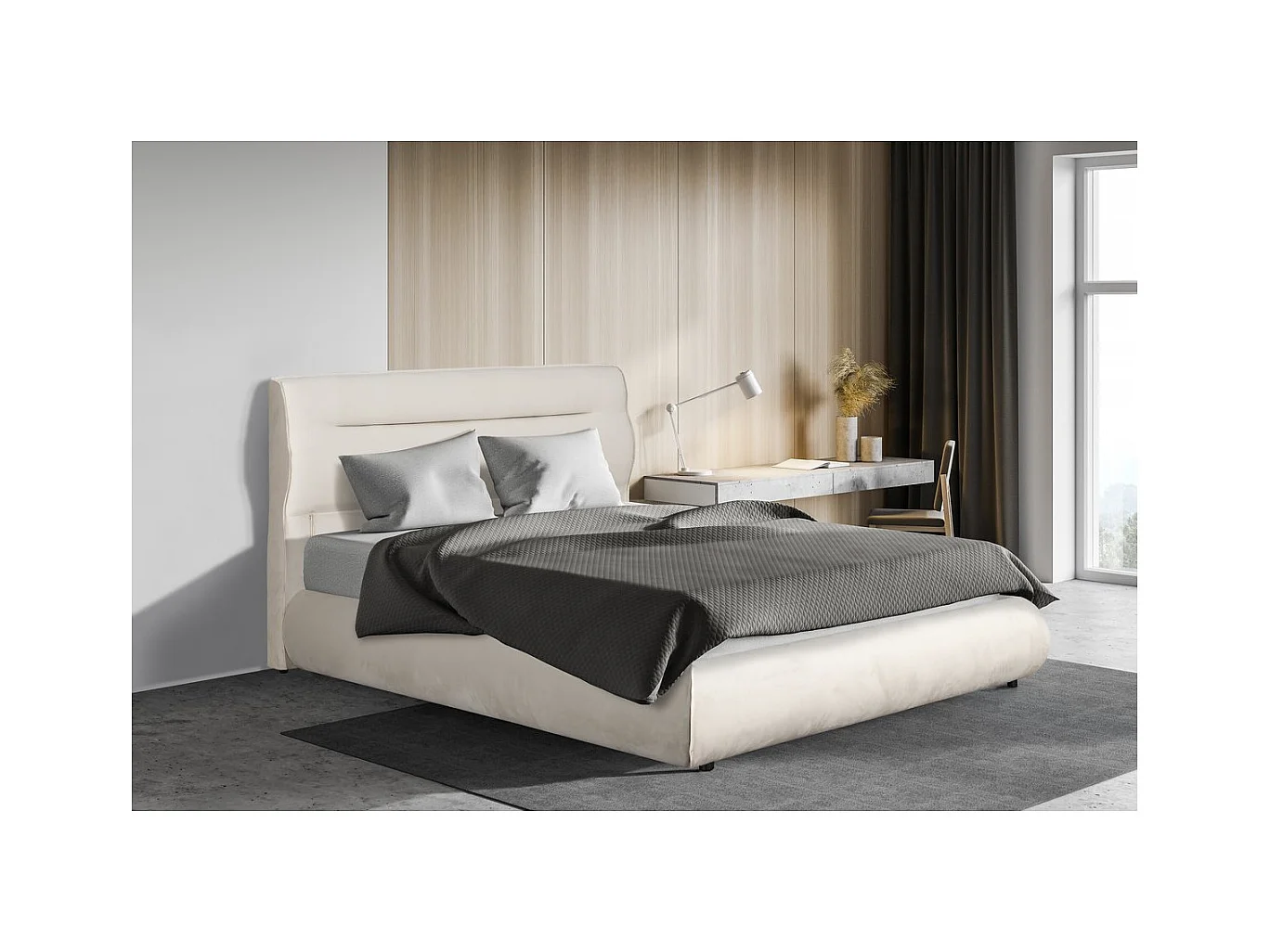 Lit double avec coffre en velours "Chamonix" - 160 x 200 cm - Beige