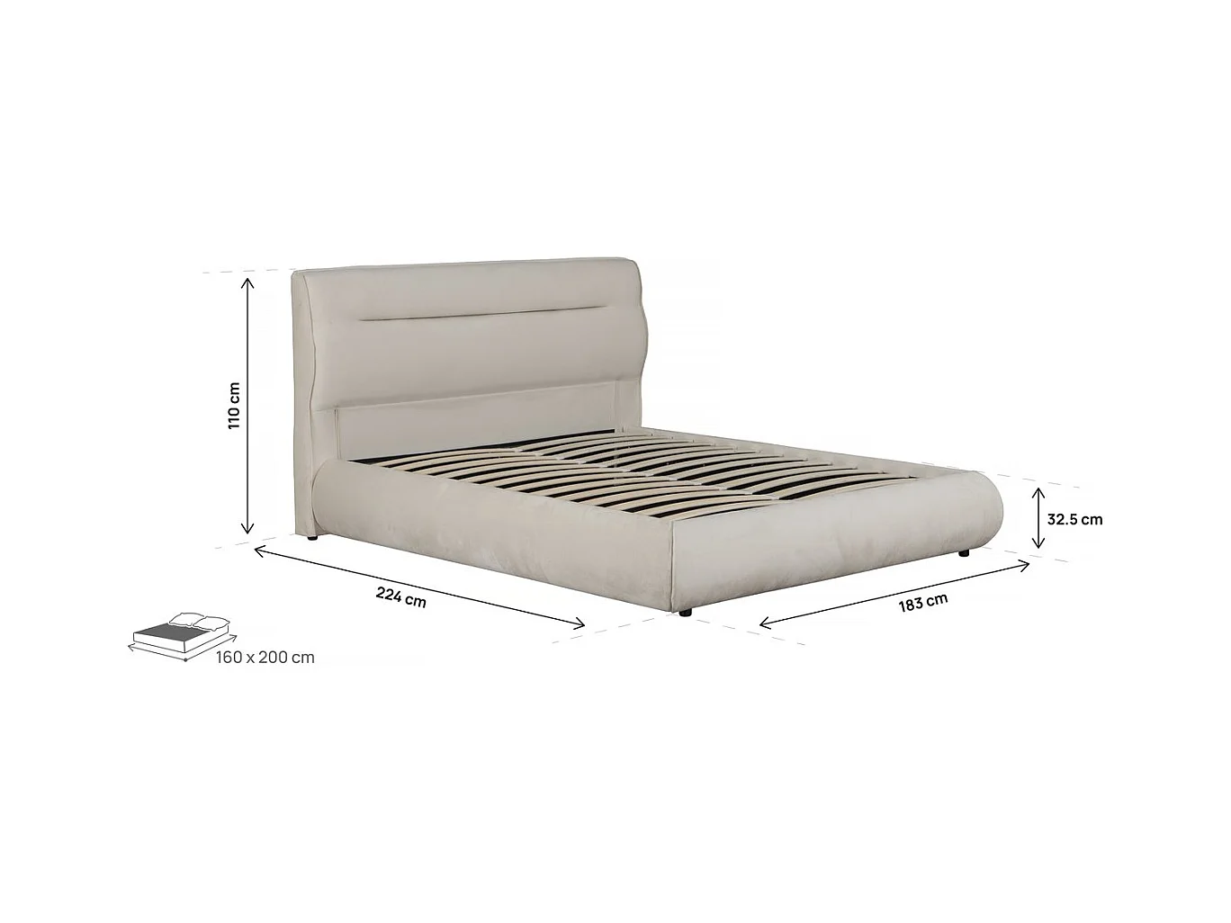 Lit double avec coffre en velours "Chamonix" - 160 x 200 cm - Beige