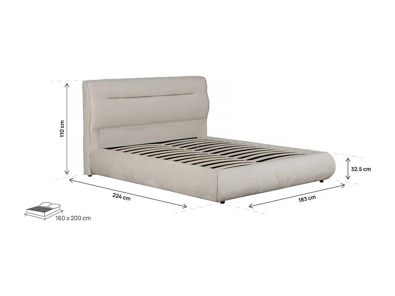 Lit double avec coffre en velours "Chamonix" - 160 x 200 cm - Beige