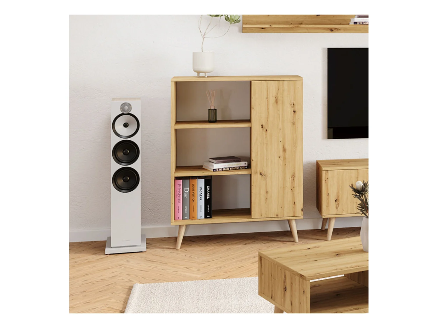 Librería Color Roble Artesanal 90x116x40 cm – Estilo Escandinavo con 3 Estantes, 1 Puerta y Patas de Madera