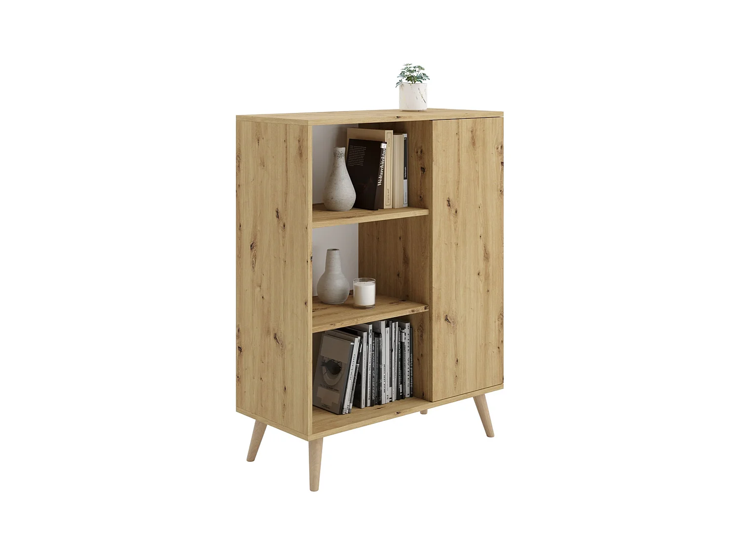 Librería Color Roble Artesanal 90x116x40 cm – Estilo Escandinavo con 3 Estantes, 1 Puerta y Patas de Madera