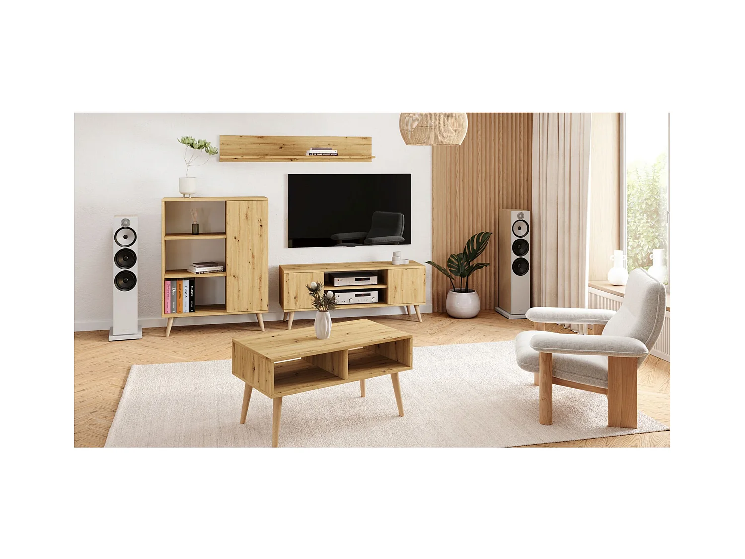 Librería Color Roble Artesanal 90x116x40 cm – Estilo Escandinavo con 3 Estantes, 1 Puerta y Patas de Madera