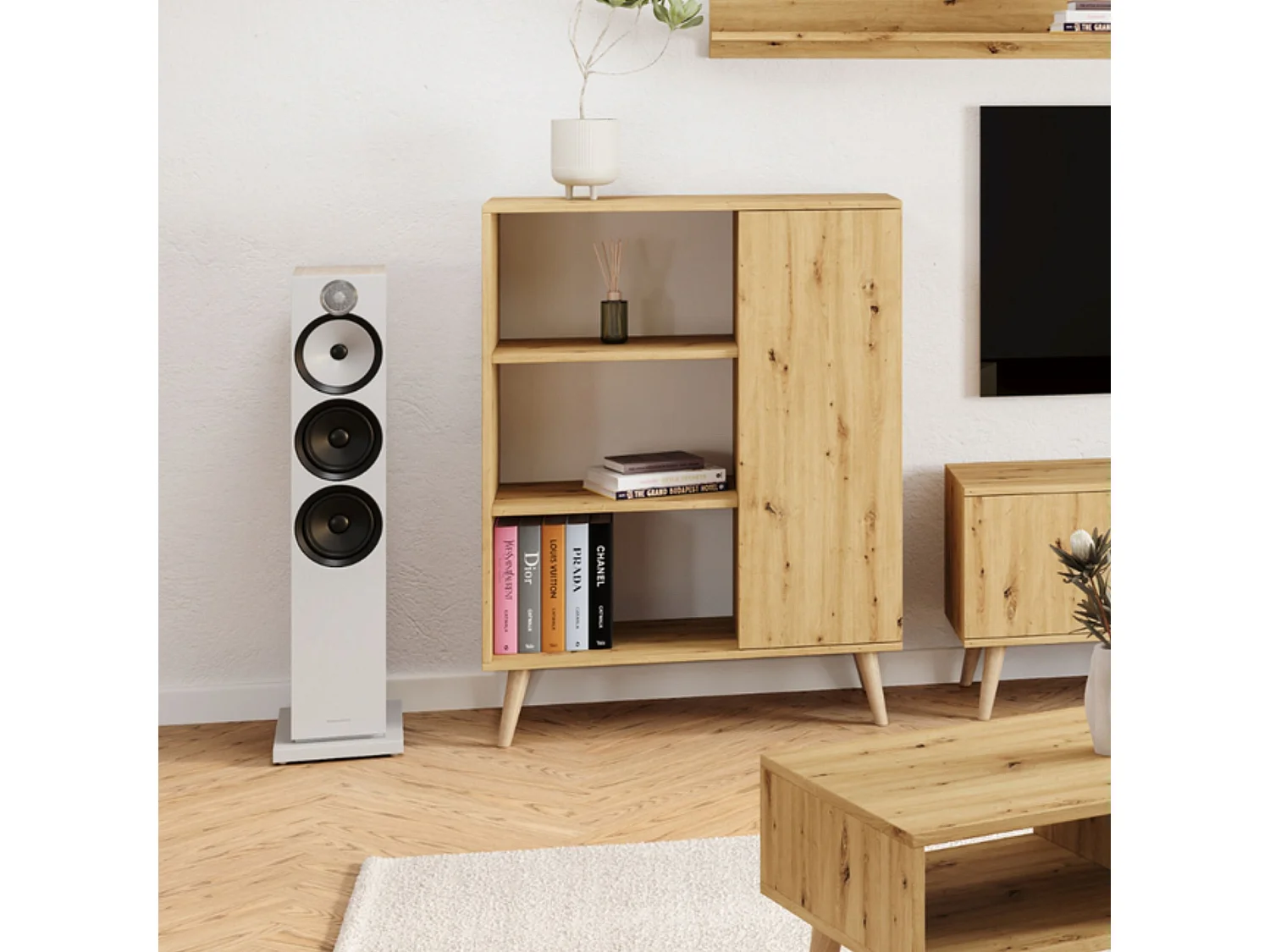 Librería Color Roble Artesanal 90x116x40 cm – Estilo Escandinavo con 3 Estantes, 1 Puerta y Patas de Madera