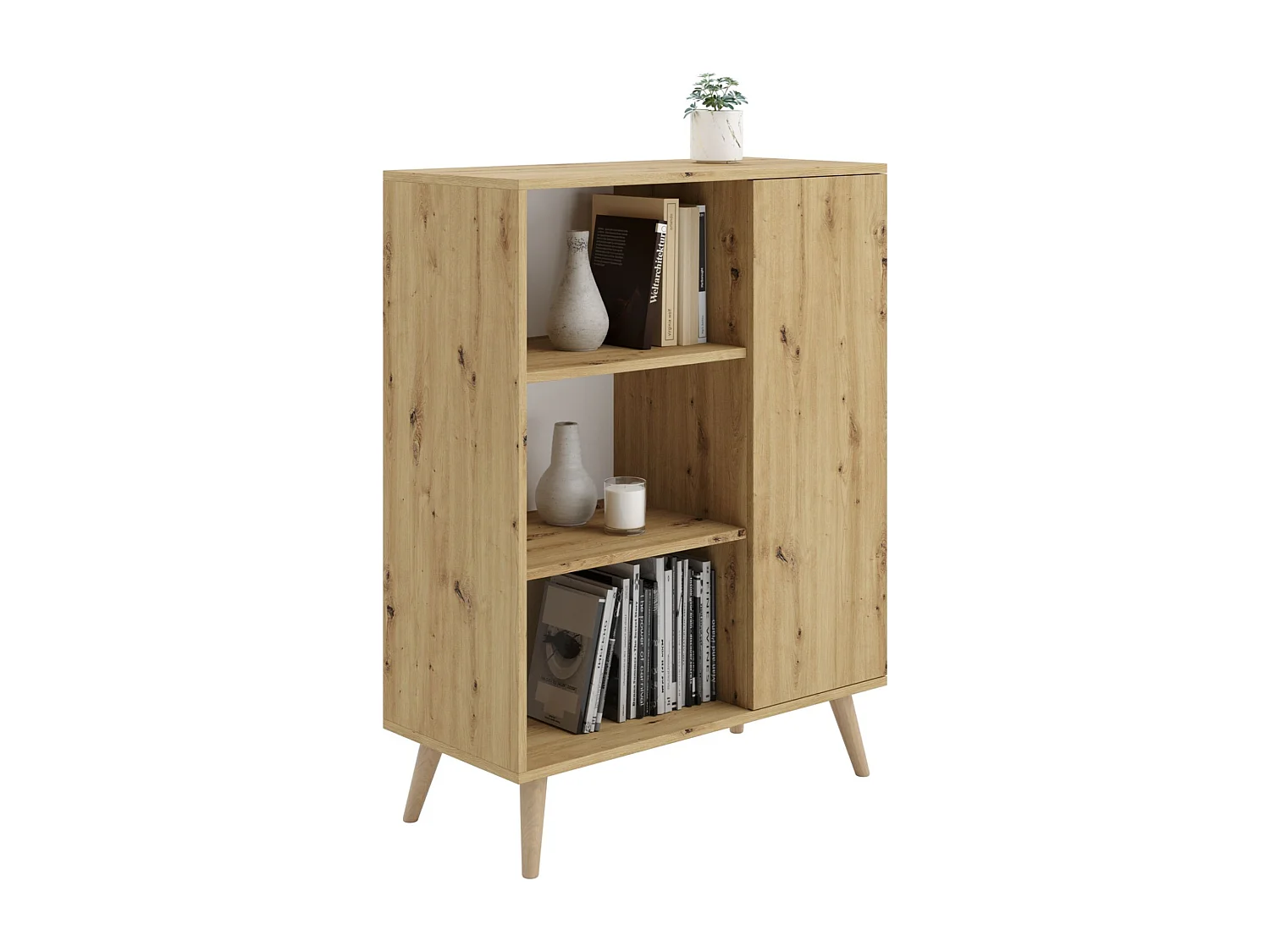 Librería Color Roble Artesanal 90x116x40 cm – Estilo Escandinavo con 3 Estantes, 1 Puerta y Patas de Madera
