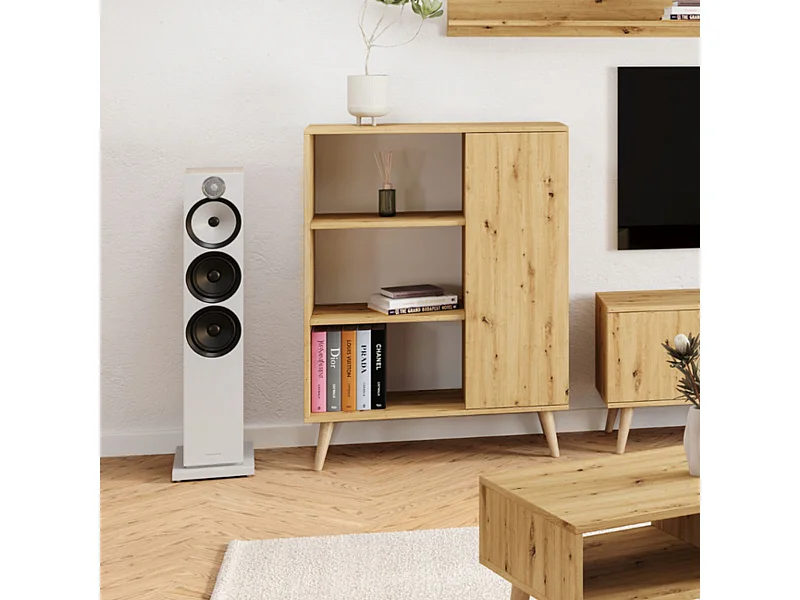 Librería Color Roble Artesanal 90x116x40 cm – Estilo Escandinavo con 3 Estantes, 1 Puerta y Patas de Madera