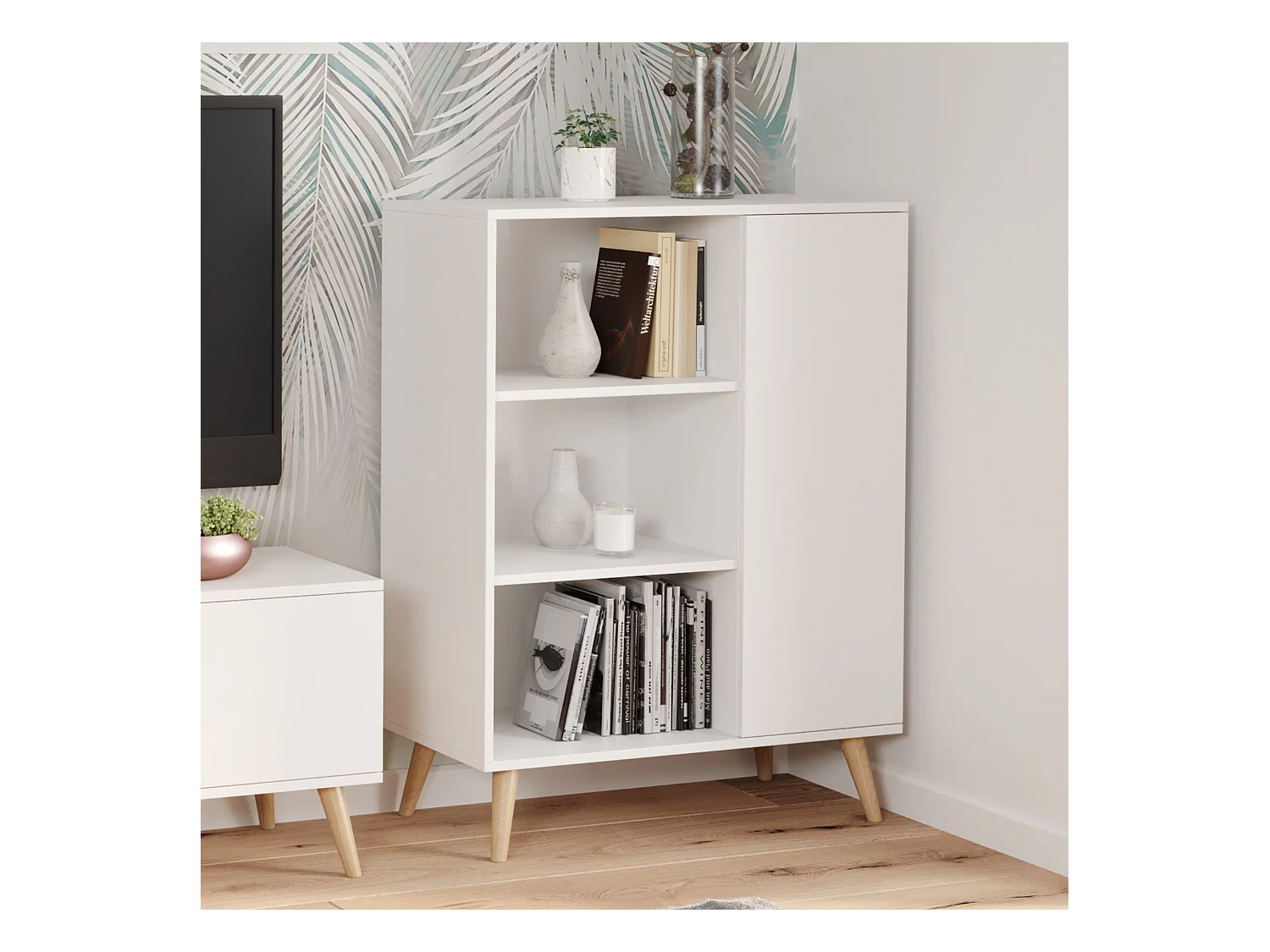 Librería Color Blanco 90x116x40 cm – Estilo Escandinavo con 3 Estantes, 1 Puerta y Patas de Madera