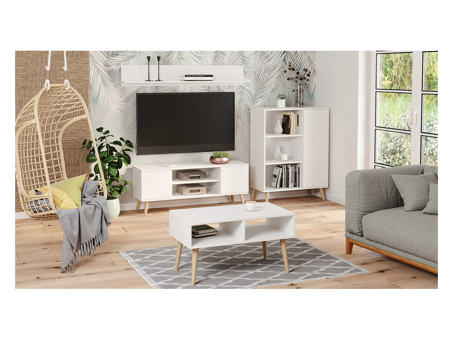 Librería Color Blanco 90x116x40 cm – Estilo Escandinavo con 3 Estantes, 1 Puerta y Patas de Madera