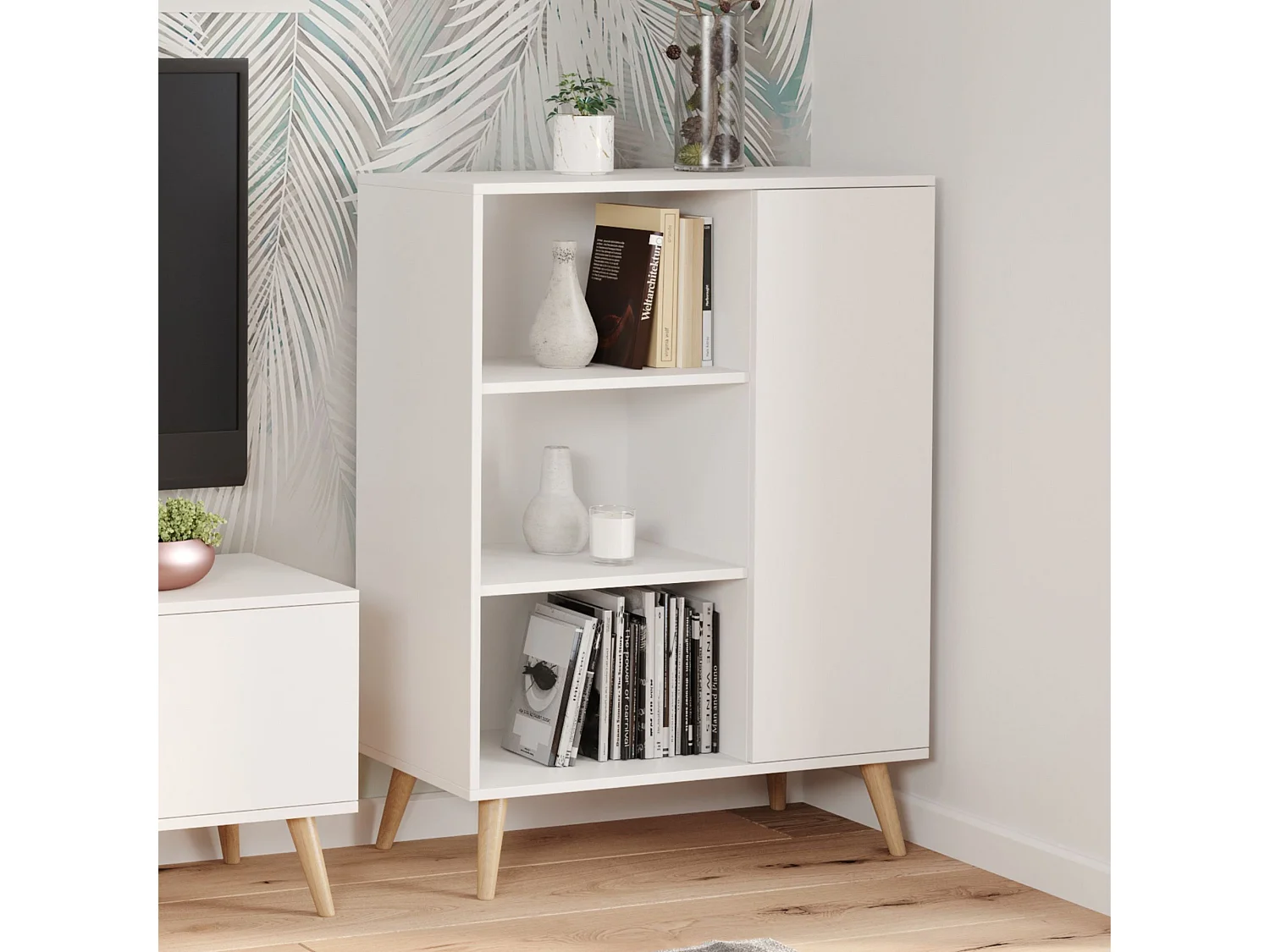 Librería Color Blanco 90x116x40 cm – Estilo Escandinavo con 3 Estantes, 1 Puerta y Patas de Madera