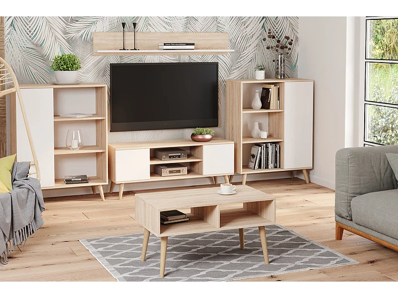 Librería Color Roble y Blanco 90x116x40 cm – Estilo Escandinavo con 3 Estantes, 1 Puerta y Patas de Madera