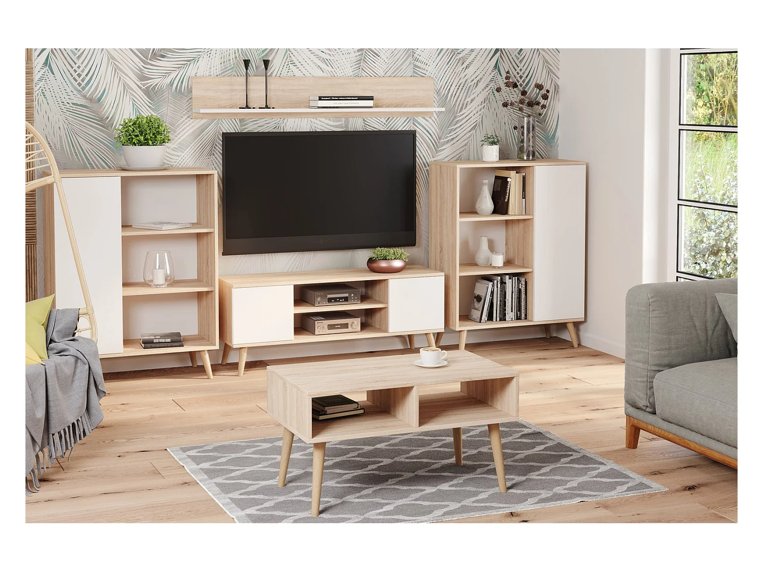 Librería Color Roble y Blanco 90x116x40 cm – Estilo Escandinavo con 3 Estantes, 1 Puerta y Patas de Madera