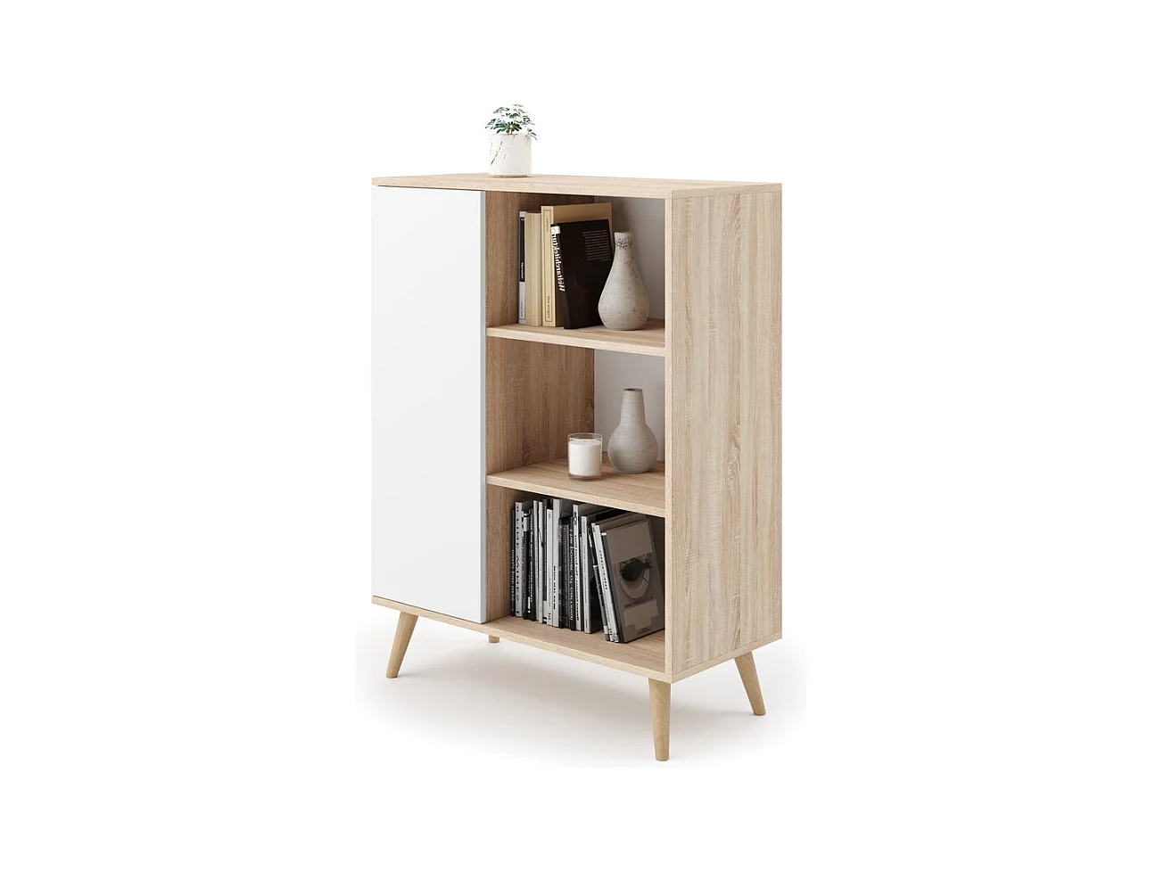 Librería Color Roble y Blanco 90x116x40 cm – Estilo Escandinavo con 3 Estantes, 1 Puerta y Patas de Madera