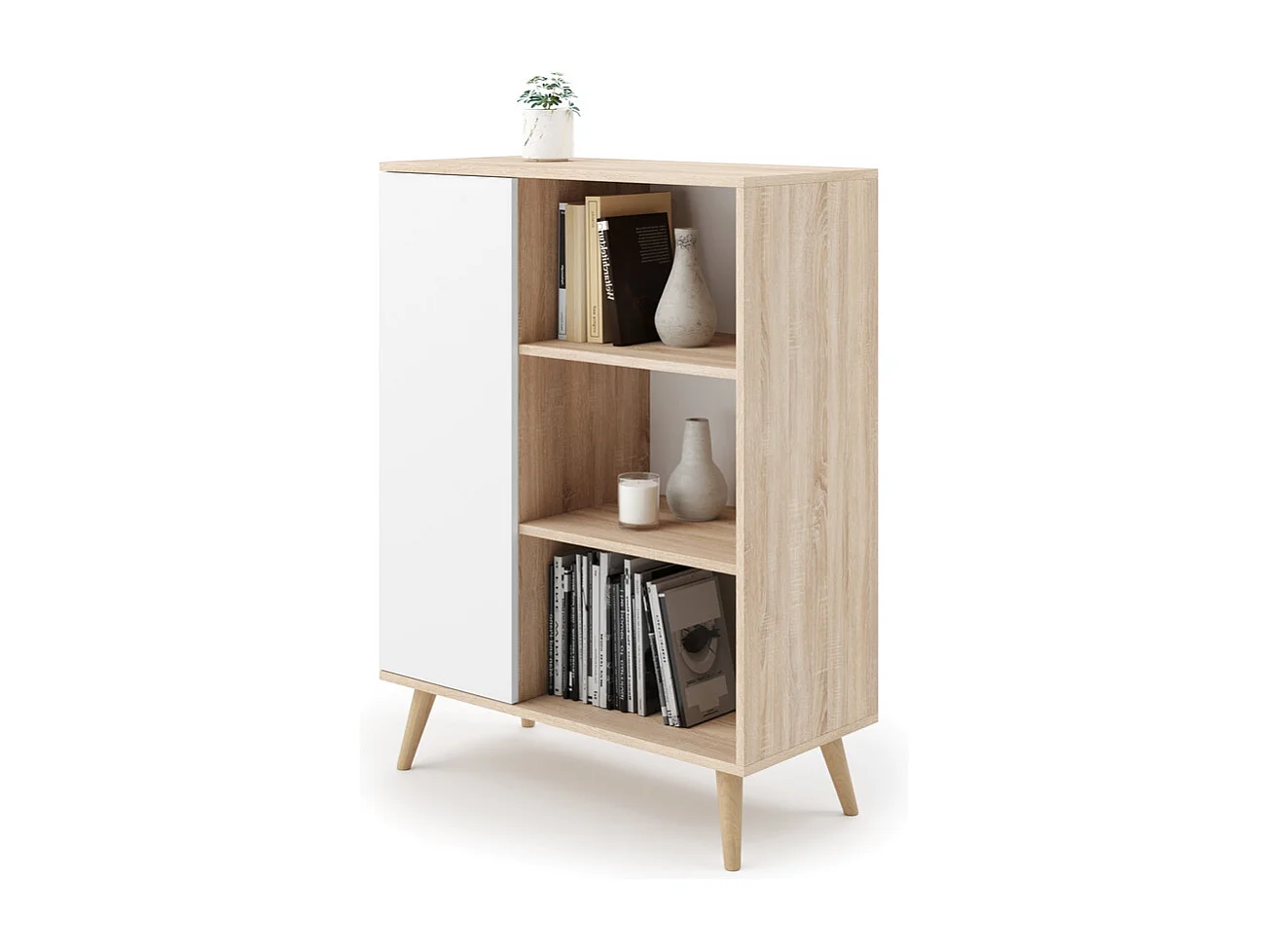 Librería Color Roble y Blanco 90x116x40 cm – Estilo Escandinavo con 3 Estantes, 1 Puerta y Patas de Madera