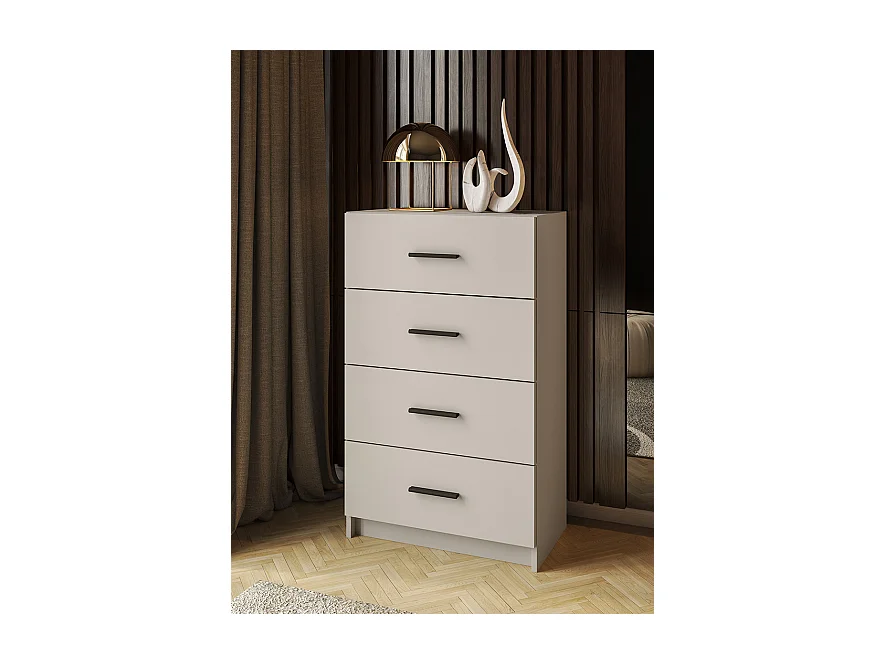 Sinfonier de 4 Cajones para Dormitorio, Acabado en Beige y Negro, Medidas: 60 cm (Largo) x 100 cm (Alto) x 34,4 cm (Fondo)