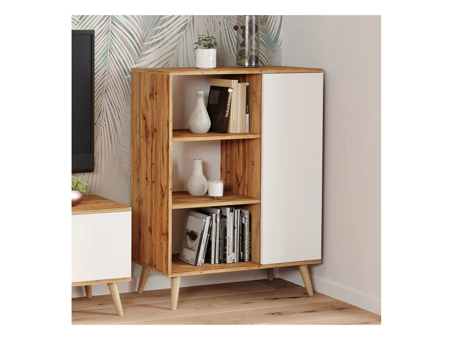 Librería Color Roble artesanal dorado/blanco  90x116x40 cm – Estilo Escandinavo con 3 Estantes, 1 Puerta y Patas de Madera