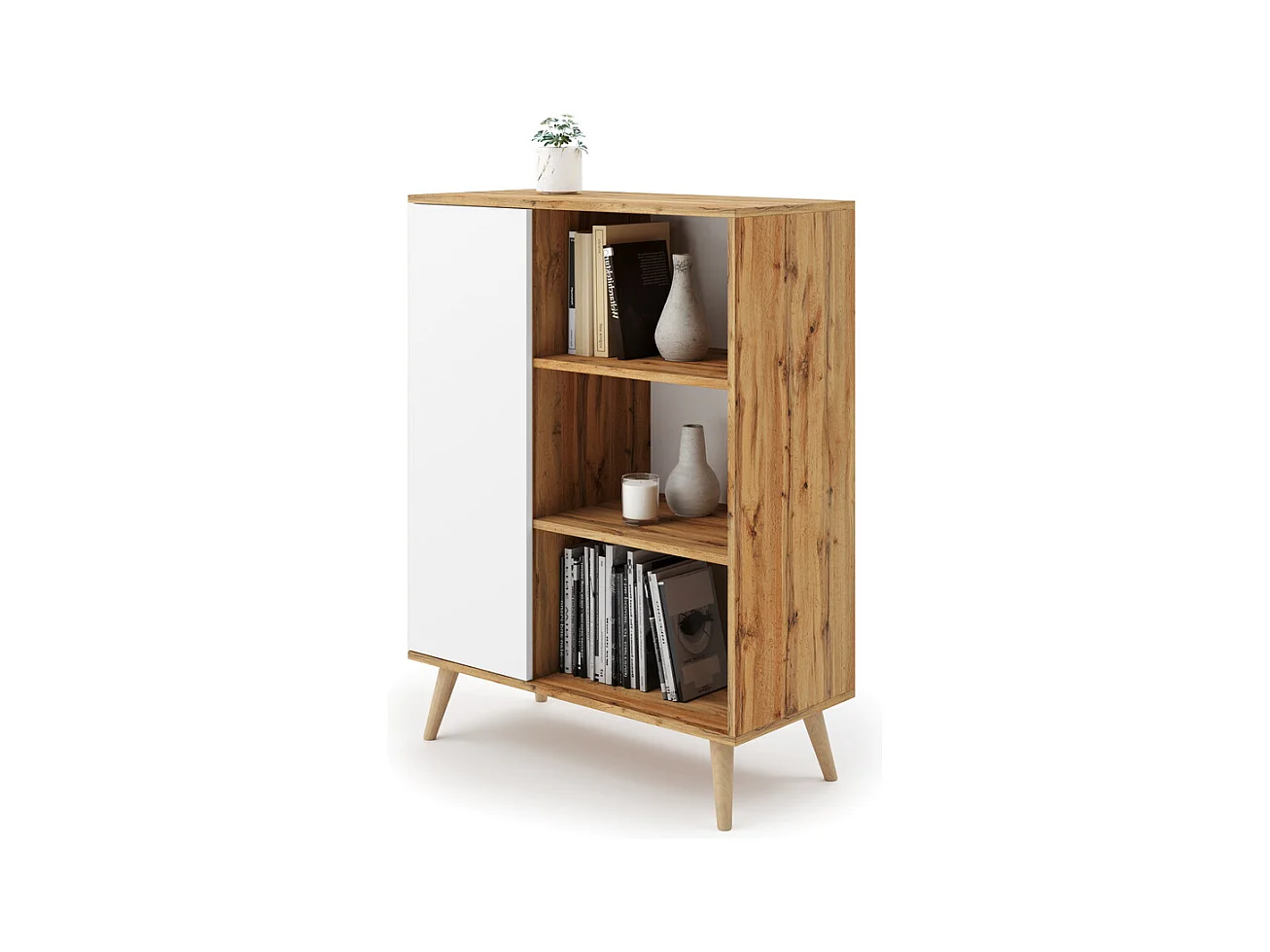 Librería Color Roble artesanal dorado/blanco  90x116x40 cm – Estilo Escandinavo con 3 Estantes, 1 Puerta y Patas de Madera