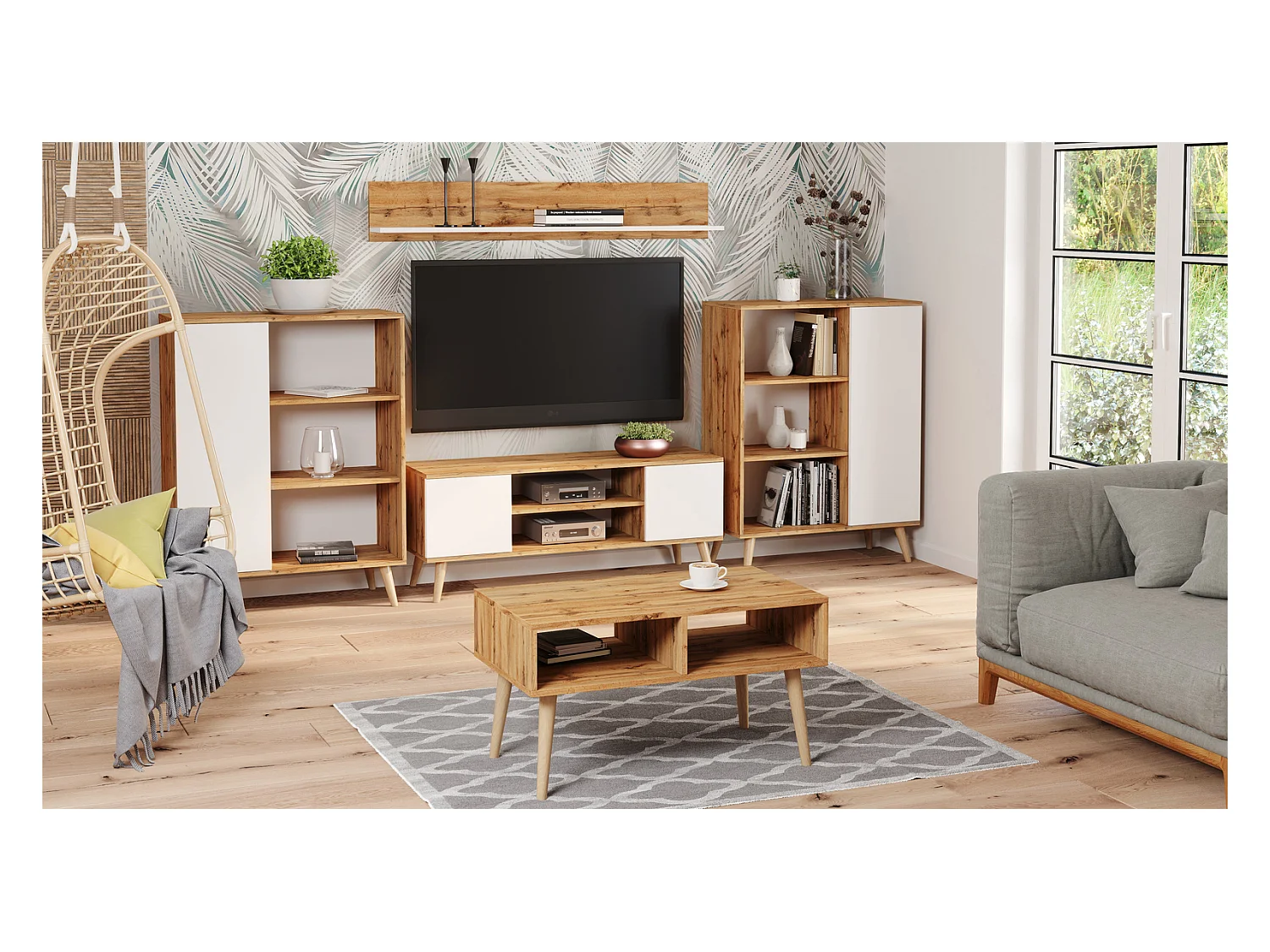 Librería Color Roble artesanal dorado/blanco  90x116x40 cm – Estilo Escandinavo con 3 Estantes, 1 Puerta y Patas de Madera