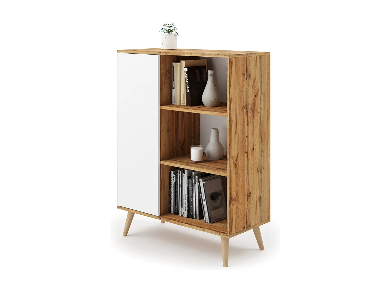 Librería Color Roble artesanal dorado/blanco  90x116x40 cm – Estilo Escandinavo con 3 Estantes, 1 Puerta y Patas de Madera