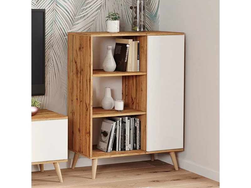 Librería Color Roble artesanal dorado/blanco  90x116x40 cm – Estilo Escandinavo con 3 Estantes, 1 Puerta y Patas de Madera