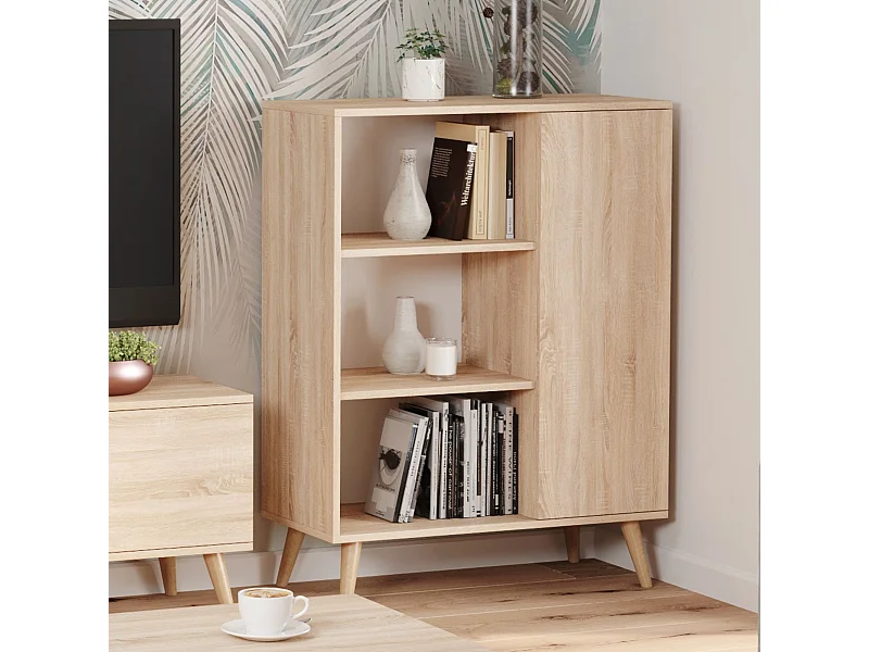 Librería Color Roble 90x116x40 cm – Estilo Escandinavo con 3 Estantes, 1 Puerta y Patas de Madera