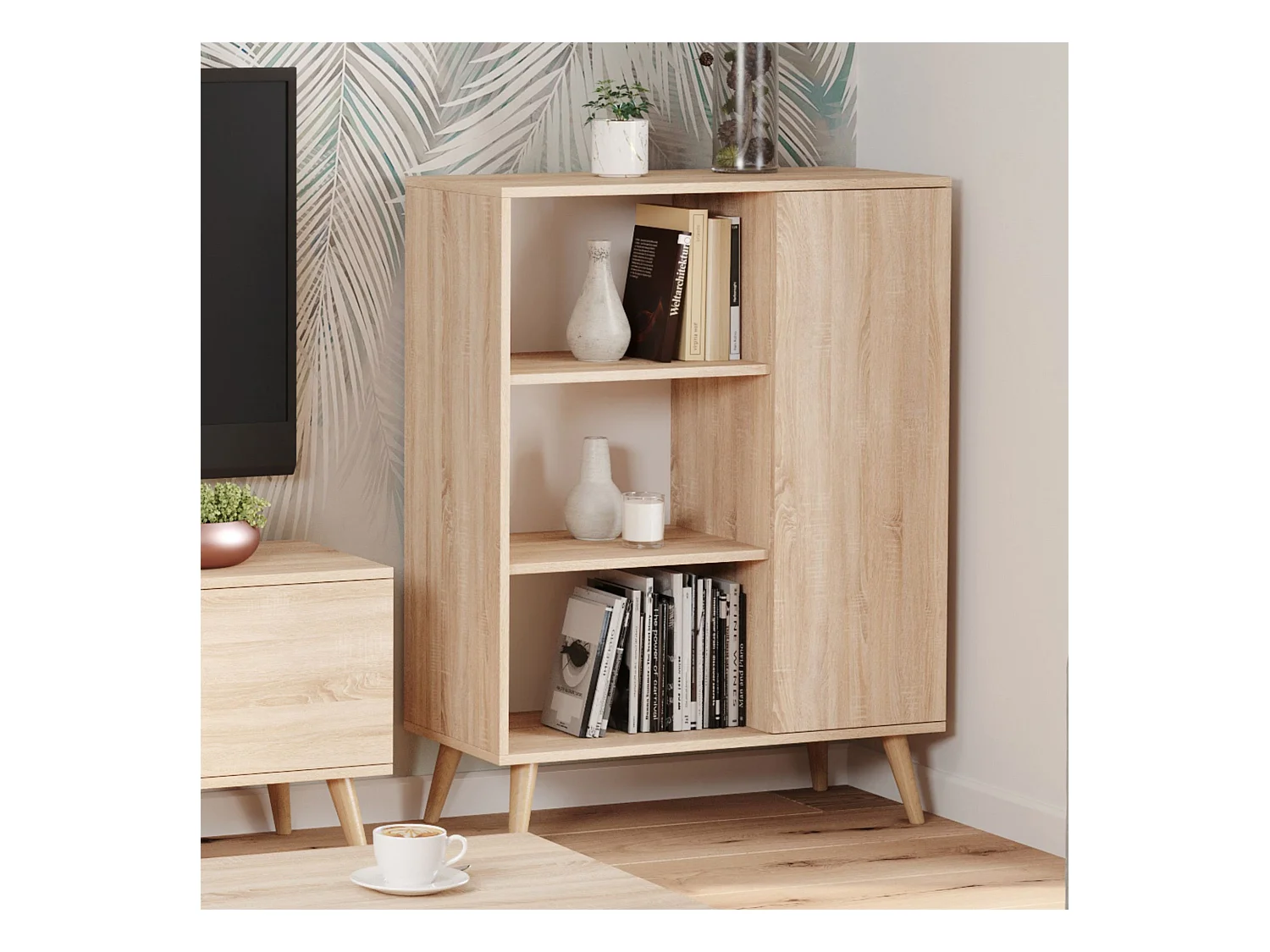 Librería Color Roble 90x116x40 cm – Estilo Escandinavo con 3 Estantes, 1 Puerta y Patas de Madera