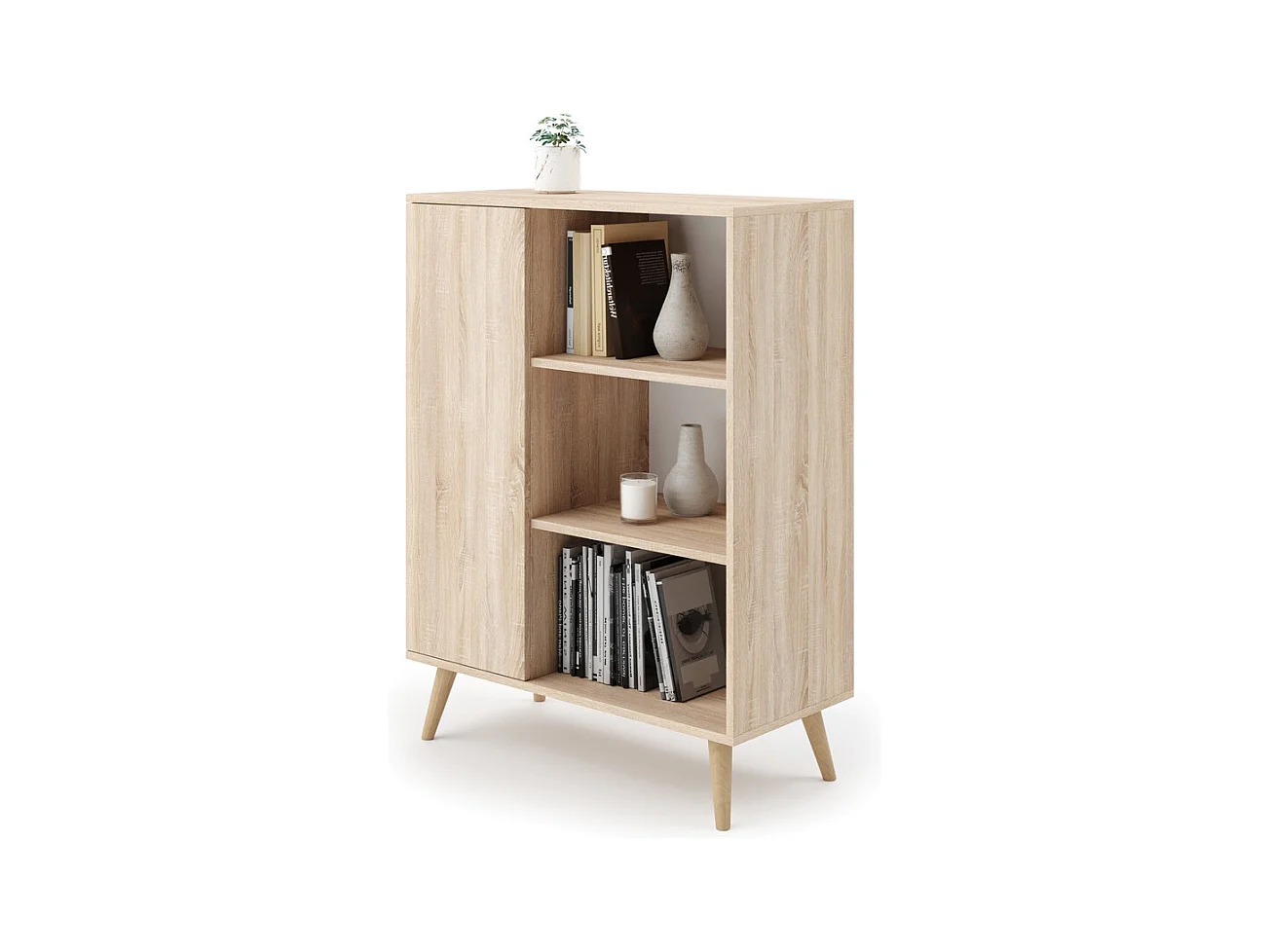 Librería Color Roble 90x116x40 cm – Estilo Escandinavo con 3 Estantes, 1 Puerta y Patas de Madera