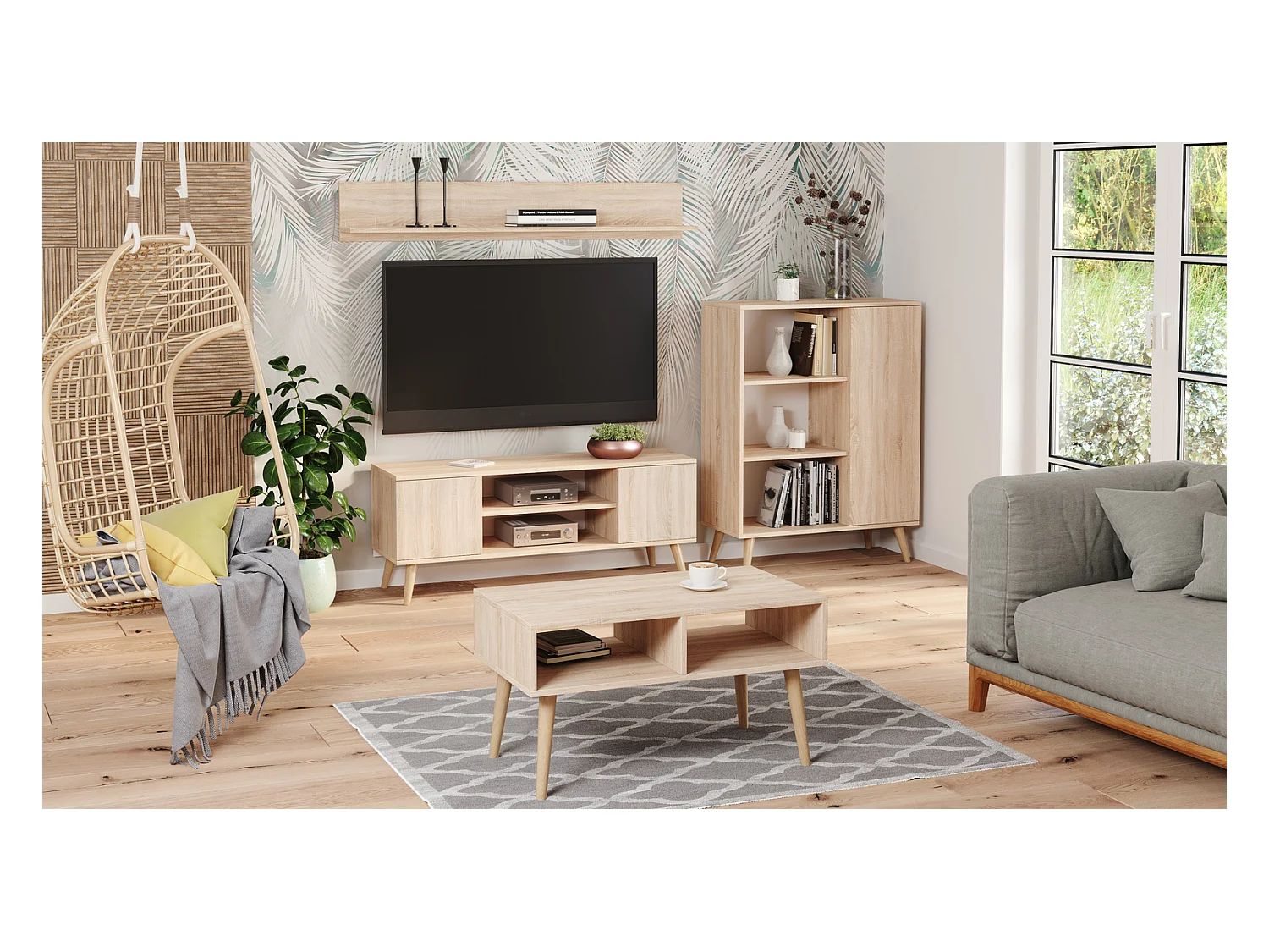 Librería Color Roble 90x116x40 cm – Estilo Escandinavo con 3 Estantes, 1 Puerta y Patas de Madera